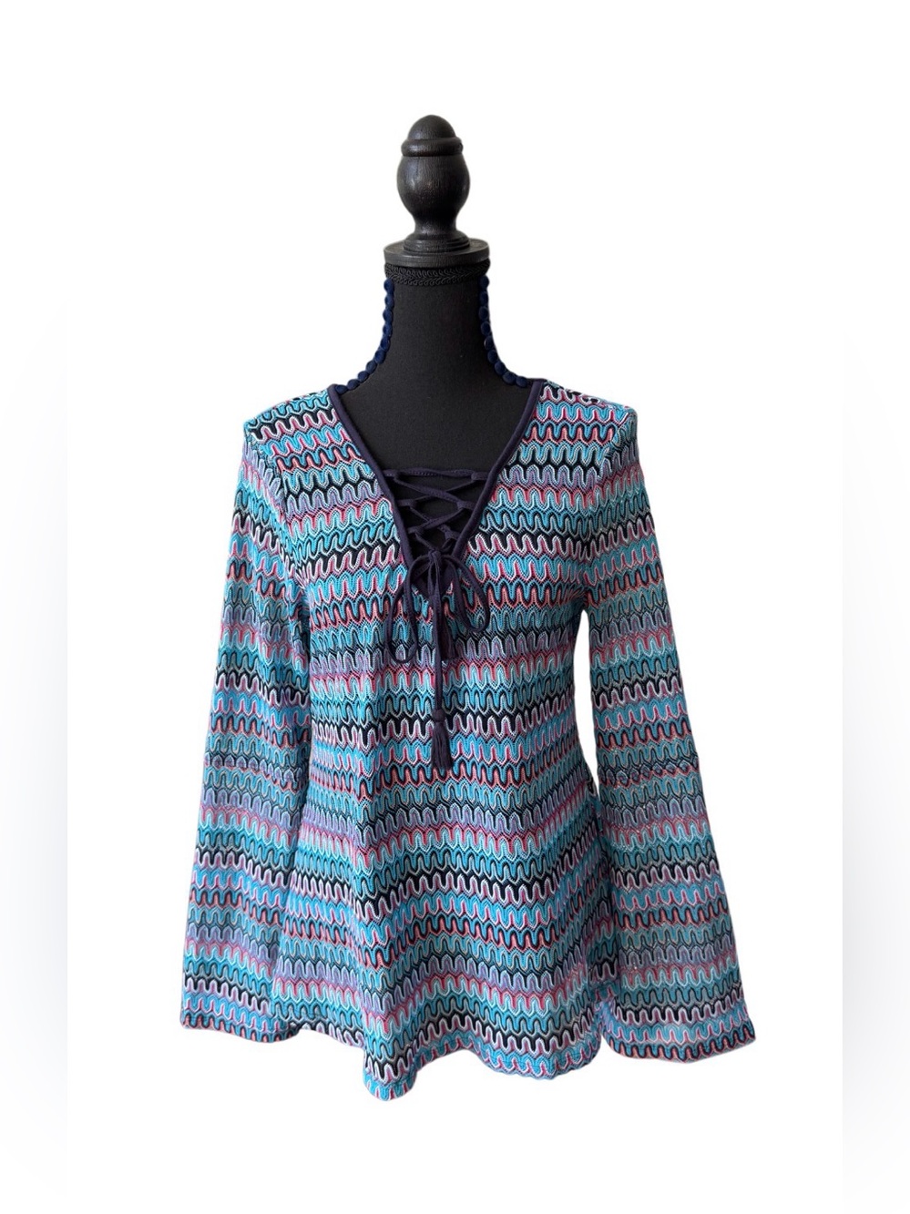 No Comment Lace-Up Blue Multi-Pattern Peasant Tunic